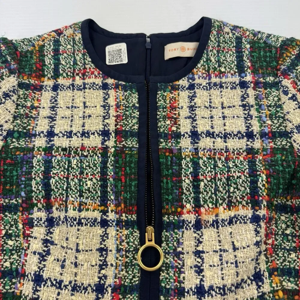 Tory Burch Plaid Tweed Sheath Dress Size 4 Zip Front Pockets Short Sleeve